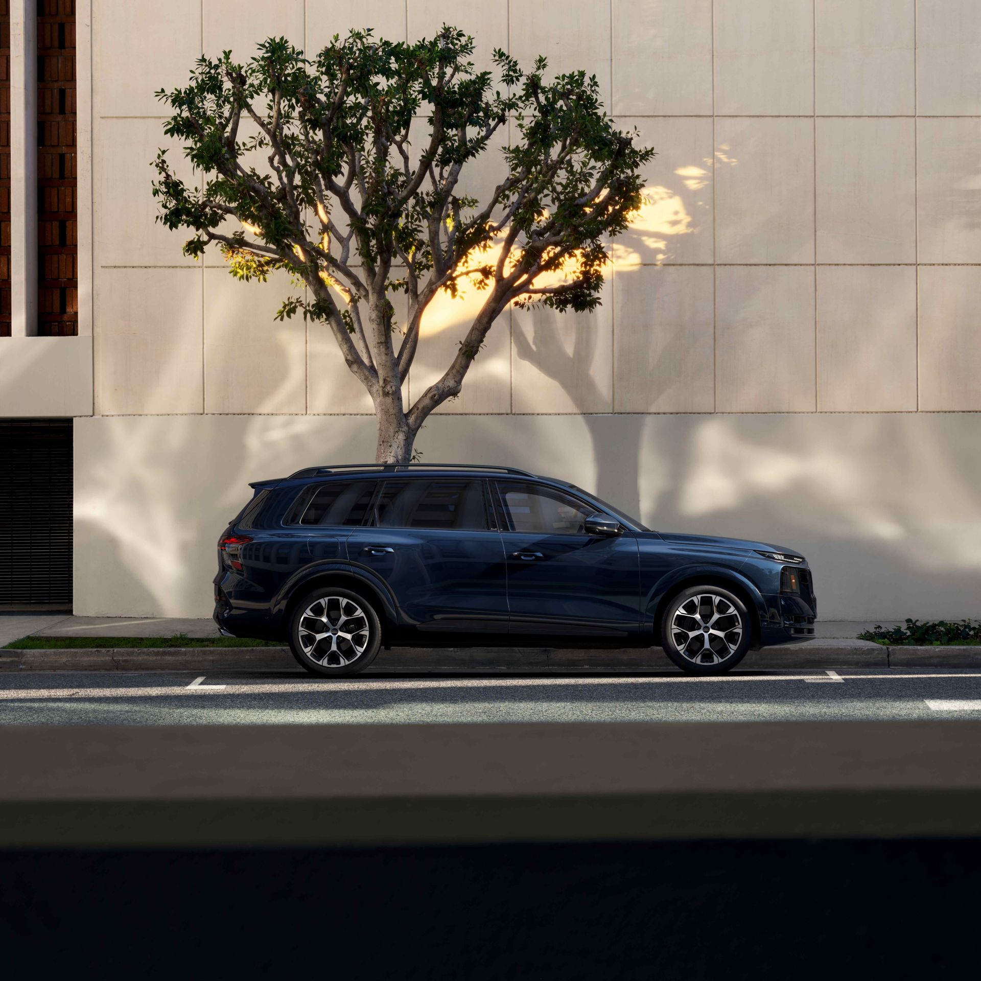 Side profile view of an Audi Q9 parked.